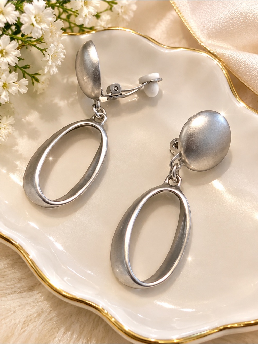 Classic Silver-Tone Oval Drop Clip-On Earrings